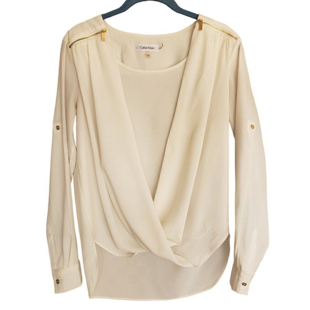 Calvin Klein Women's Dressy Blouse White Drape Top Wrap Long Sleeve XS NWOT - Picture 7 of 9